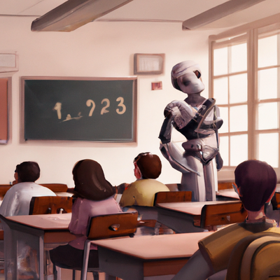 An AI generated image of a robot teaching a class with students at desks and a chalk board.